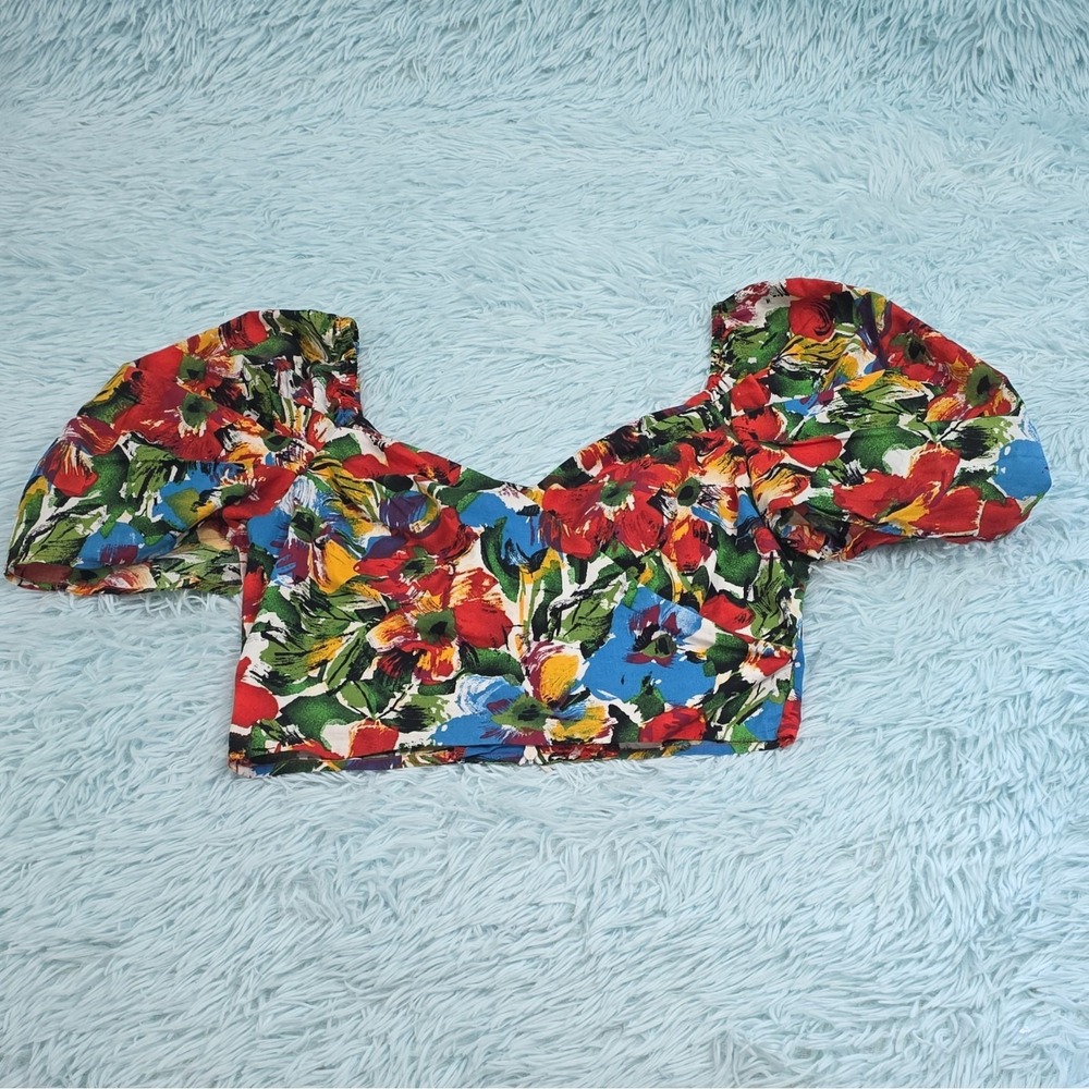 Lush Floral Multicolor Square Neck Puff Short Sleeve Crop Top Blouse Sz S